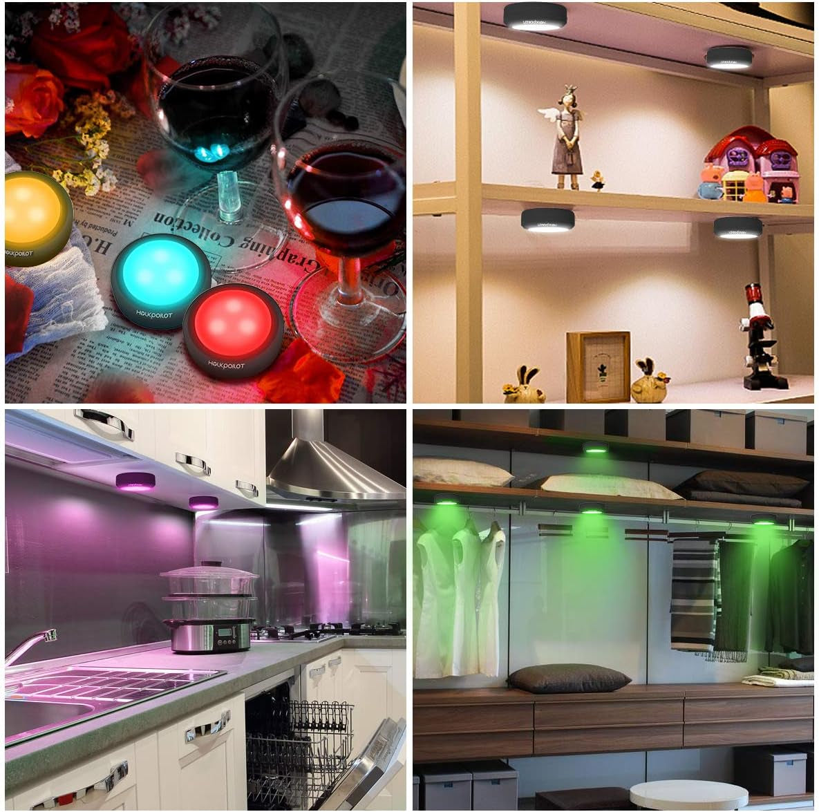 Puck Lights with Remote, 2024 Latest Color Changing LED Puck Lights, Battery Operated Dimmable under Cabinet Lights, under Counter Lights with Timer (4 Pack)