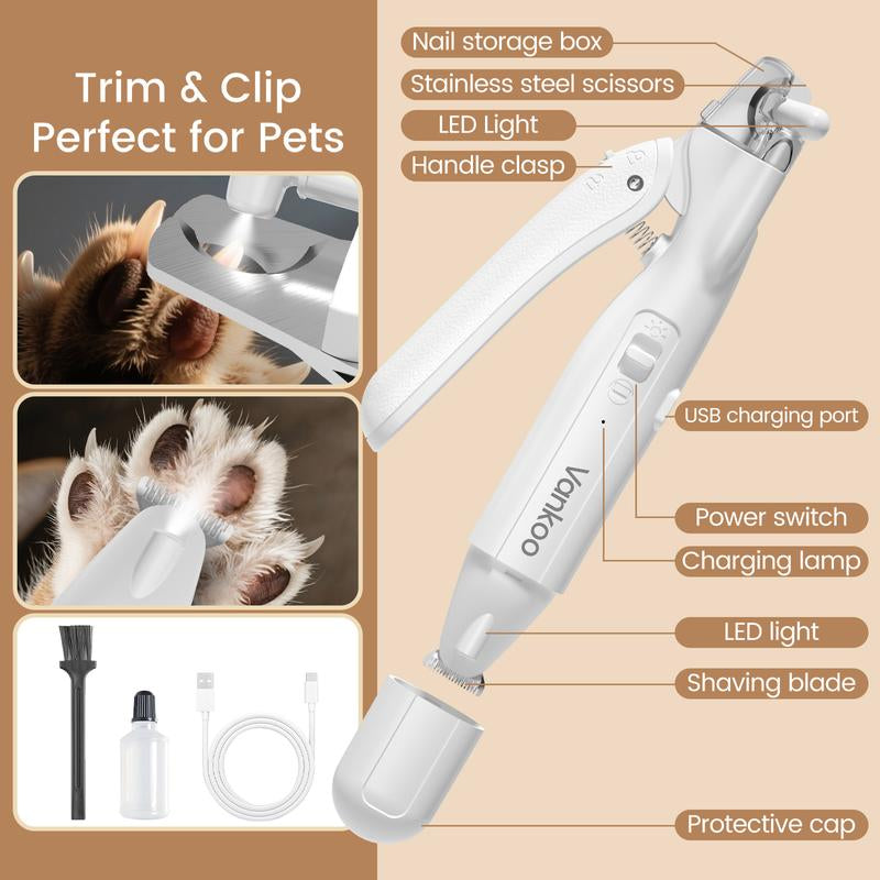 Vankoo 2-In-1 Pet Grooming Tool – LED Dog Nail Clipper & Paw Hair Trimmer, Rechargeable & Waterproof, Safe for Dogs & Cats